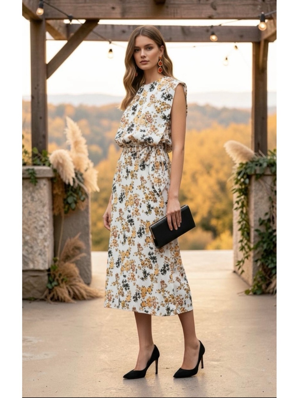 VVB Victoria Beckham Sleveless Floral Overlay Midi Dress White Orange Size 8